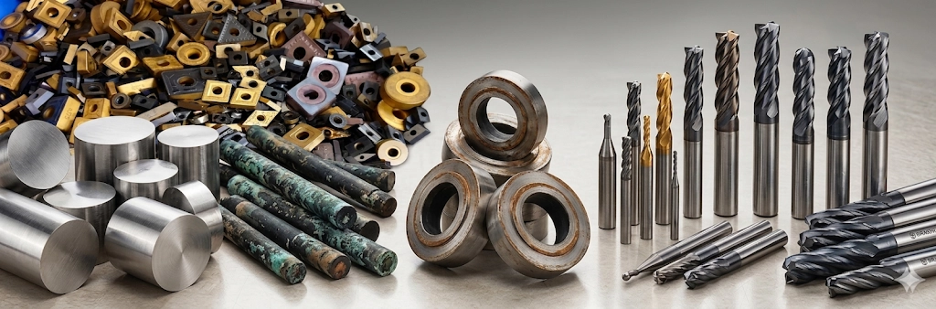 Outils d’usinage métallique : inserts carbure, barres, bagues et forets/fraises CNC.